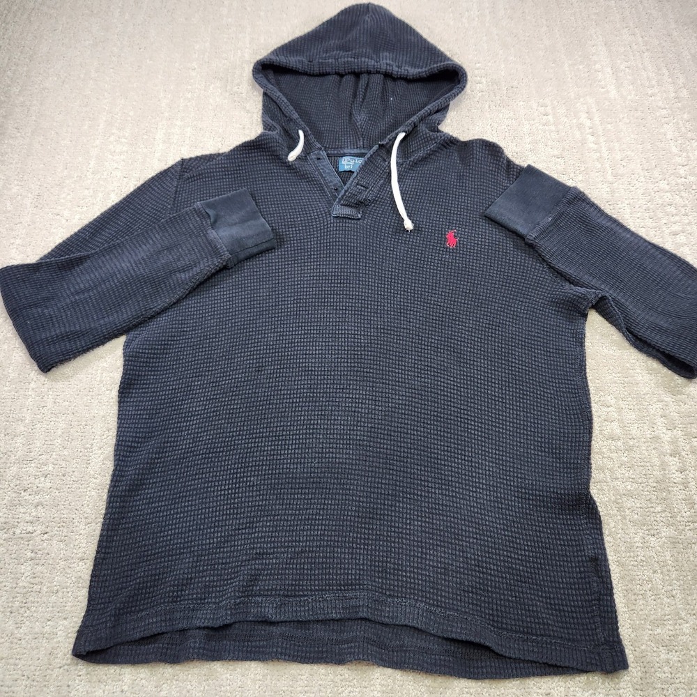 Polo Ralph Lauren‎ Hoodie Men Large *READ Waffle Knit Thermal Black Cotton